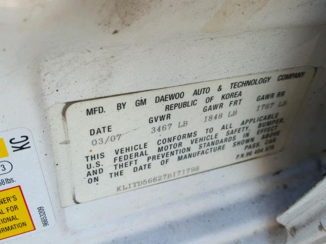 KL1TD56627B171798 - 2007 CHEVROLET AVEO BASE 白色 照片 10