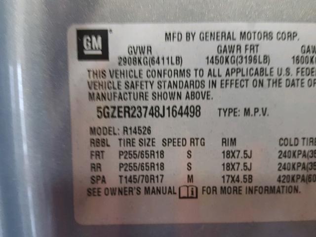 5GZER23748J164498 - 2008 SATURN OUTLOOK XR ვერცხლისფერი ფოტო 10