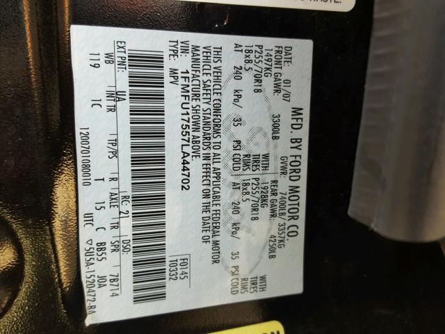 1FMFU17557LA44702 - 2007 FORD EXPEDITION BLACK photo 10