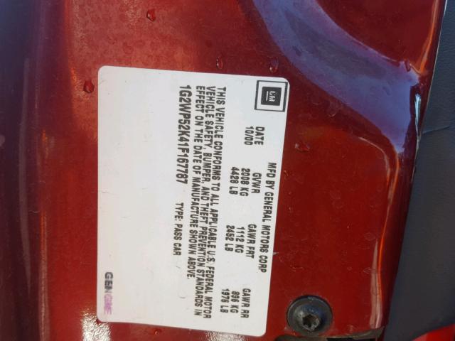 1G2WP52K41F167787 - 2001 PONTIAC GRAND PRIX BURGUNDY photo 10