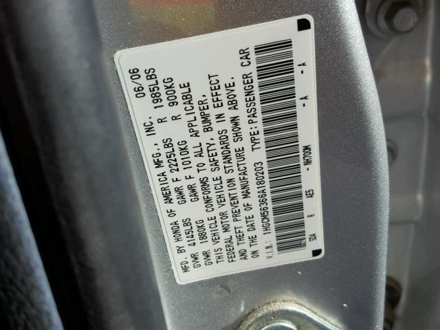 1HGCM56366A180203 - 2006 HONDA ACCORD SE SILVER photo 10