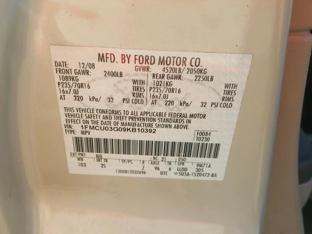 1FMCU03G09KB10392 - 2009 FORD ESCAPE XLT WHITE photo 10