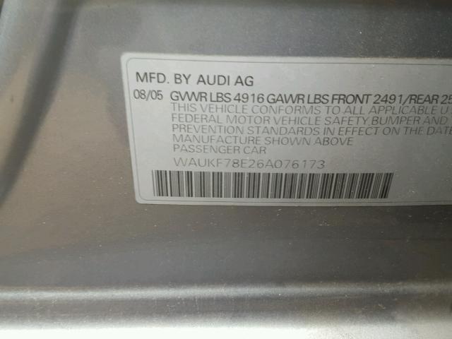 WAUKF78E26A076173 - 2006 AUDI A4 2.0T AV GRAY photo 10