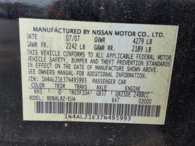 1N4AL21E37N495993 - 2007 NISSAN ALTIMA 2.5 BLACK photo 10