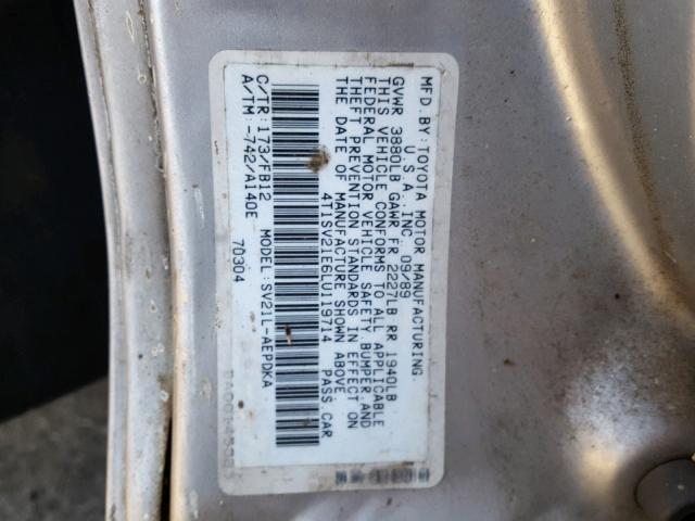 4T1SV21E6LU119714 - 1990 TOYOTA CAMRY DLX 银色 照片 10