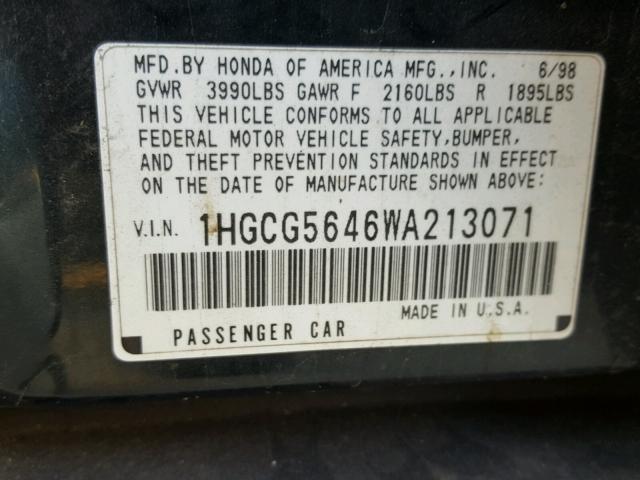 1HGCG564WA0213071 - 1998 HONDA ACCORD GREEN photo 10