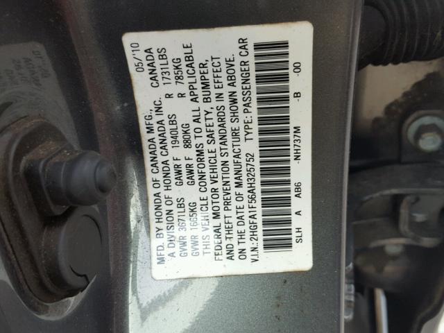 2HGFA1F56AH325752 - 2010 HONDA CIVIC LX GRAY photo 10