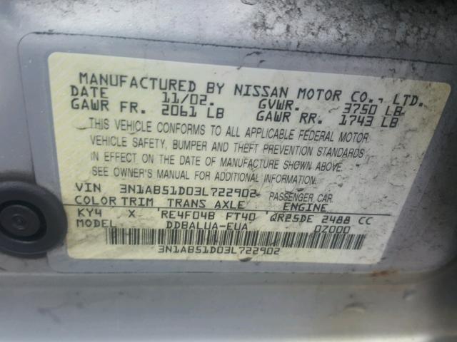 3N1AB51D03L722902 - 2003 NISSAN SENTRA SE- SILVER photo 10