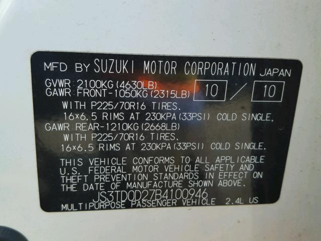 JS3TD0D27B4100946 - 2011 SUZUKI GRAND VITA WHITE photo 10