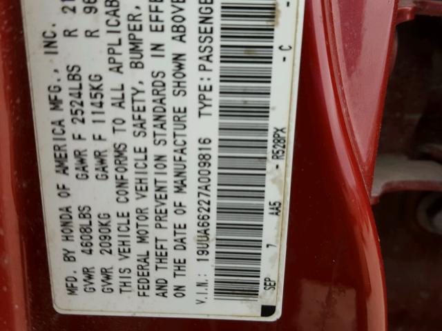 19UUA66227A009816 - 2007 ACURA TL RED photo 10