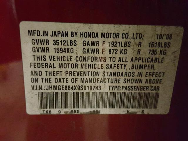 JHMGE884X9S019743 - 2009 HONDA FIT SPORT RED photo 10