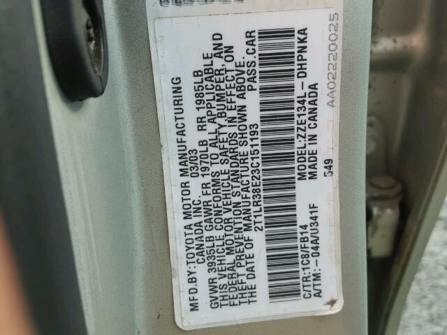 2T1LR38E23C151193 - 2003 TOYOTA COROLLA MA SILVER photo 10