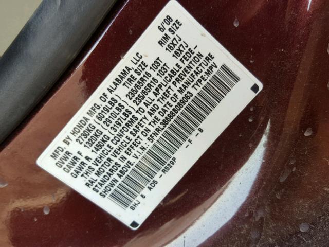 5FNRL38688B089063 - 2008 HONDA ODYSSEY EX MAROON photo 10