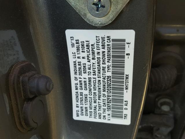 19XFB2F81DE092326 - 2013 HONDA CIVIC EX GRAY photo 10