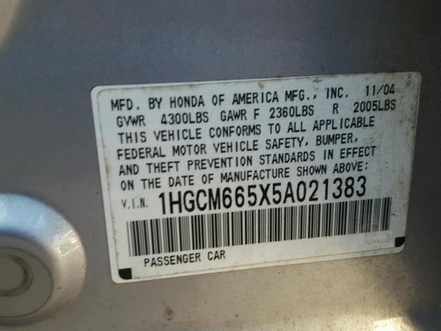 1HGCM665X5A021383 - 2005 HONDA ACCORD EX SILVER photo 10