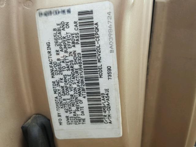 4T1BF28K6YU948329 - 2000 TOYOTA CAMRY LE ბეჟი ფოტო 10