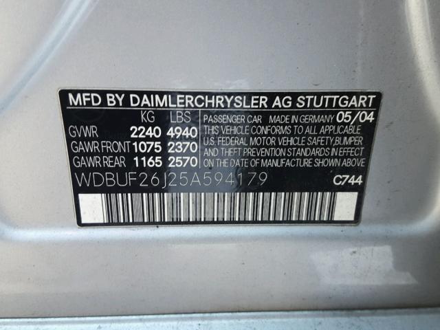 WDBUF26J25A594179 - 2005 MERCEDES-BENZ E 320 CDI SILVER photo 10