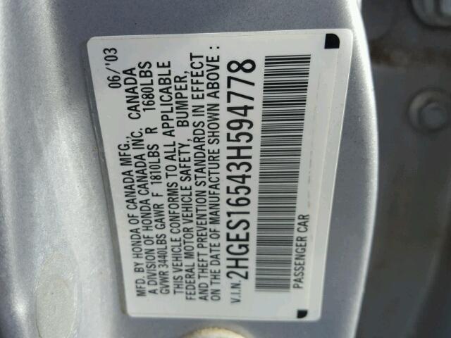 2HGES16543H594778 - 2003 HONDA CIVIC LX SILVER photo 10