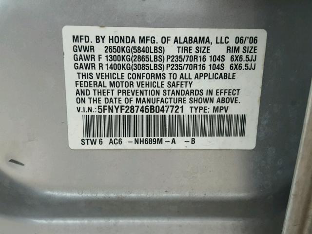 5FNYF28746B047721 - 2006 HONDA PILOT EX SILVER photo 10