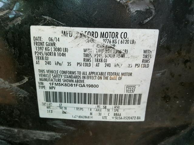 1FM5K8D81FGA19800 - 2015 FORD EXPLORER X GRAY photo 10