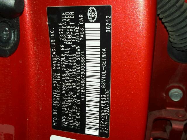 4T1BK46K78U058674 - 2008 TOYOTA CAMRY LE 红色 照片 10