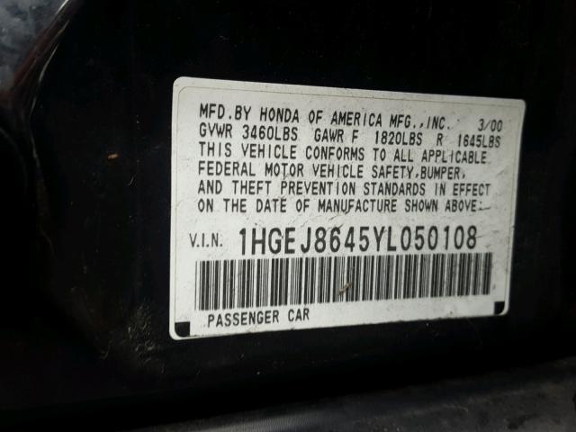 1HGEJ8645YL050108 - 2000 HONDA CIVIC EX 黑色 照片 10