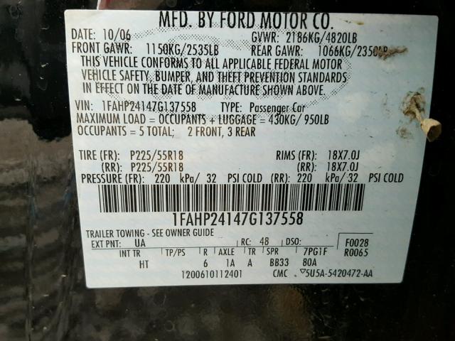 1FAHP24147G137558 - 2007 FORD FIVE HUNDR BLACK photo 10