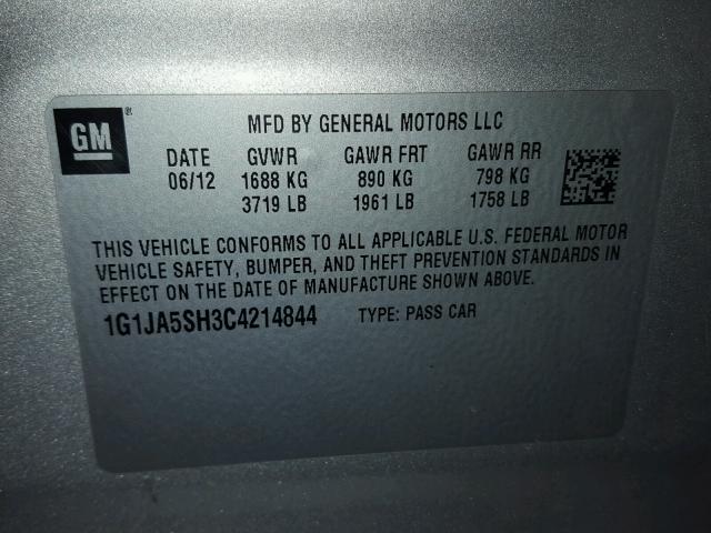 1G1JA5SH3C4214844 - 2012 CHEVROLET SONIC LS SILVER photo 10