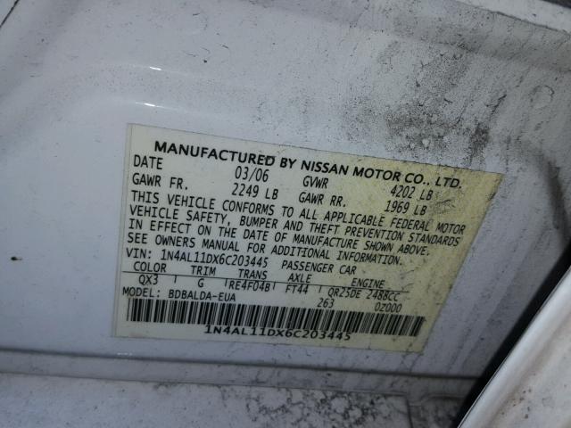 1N4AL11DX6C203445 - 2006 NISSAN ALTIMA S WHITE photo 10