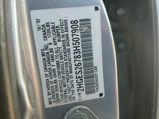 2HGES26783H507908 - 2003 HONDA CIVIC EX SILVER photo 10