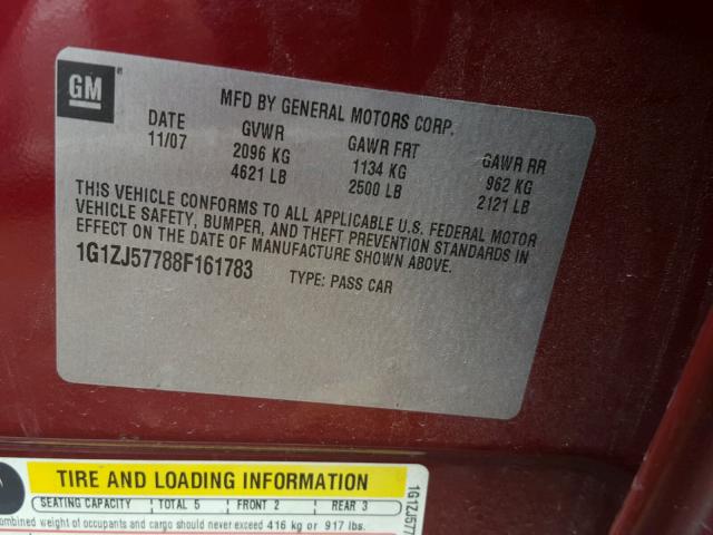 1G1ZJ57788F161783 - 2008 CHEVROLET MALIBU 2LT MAROON photo 10