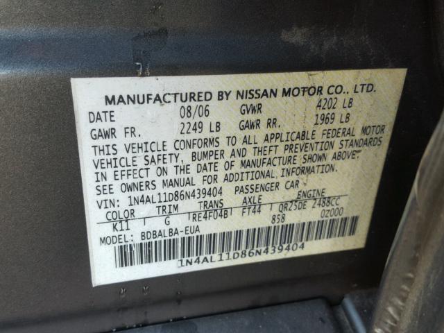 1N4AL11D86N439404 - 2006 NISSAN ALTIMA S GRAY photo 10