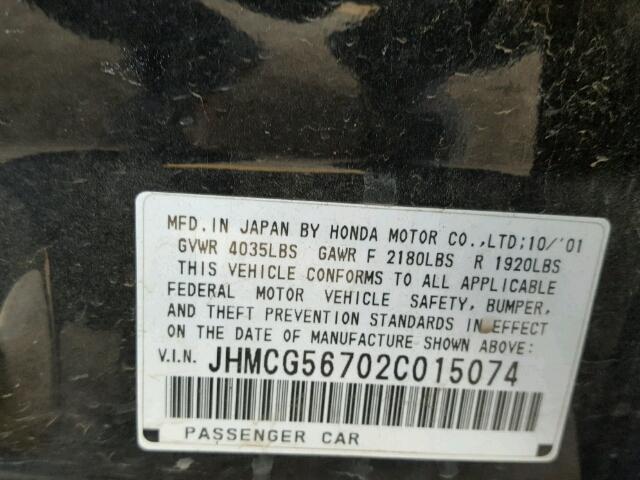 JHMCG56702C015074 - 2002 HONDA ACCORD SE BLACK photo 10