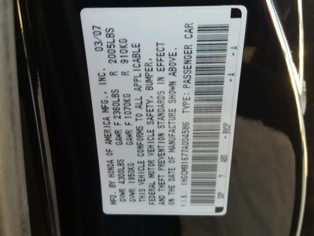 1HGCM81677A004586 - 2007 HONDA ACCORD EX BLACK photo 10