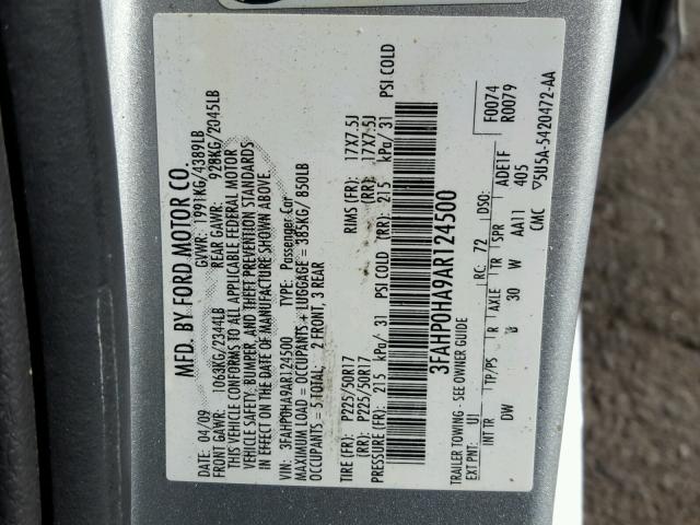 3FAHP0HA9AR124500 - 2010 FORD FUSION SE SILVER photo 10