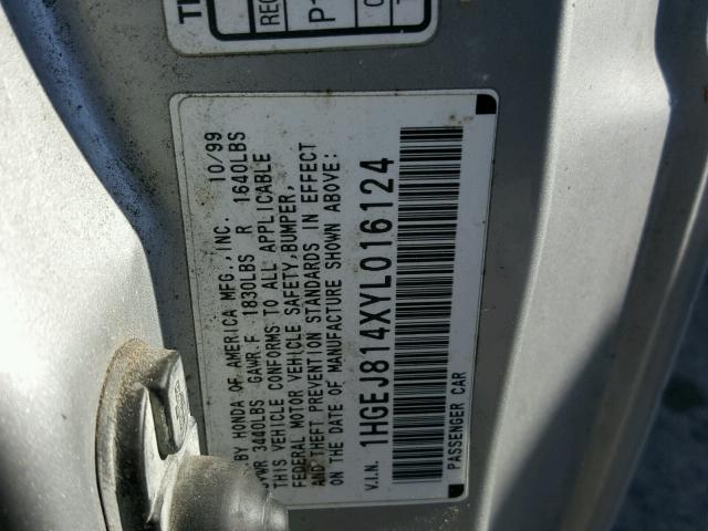 1HGEJ814XYL016124 - 2000 HONDA CIVIC EX 蓝色 照片 10