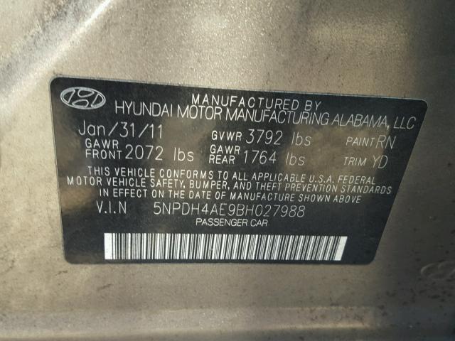 5NPDH4AE9BH027988 - 2011 HYUNDAI ELANTRA GL BEIGE photo 10