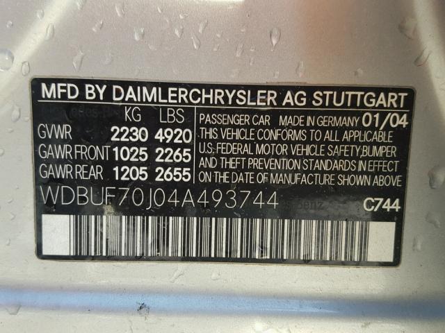 WDBUF70J04A493744 - 2004 MERCEDES-BENZ E 500 SILVER photo 10