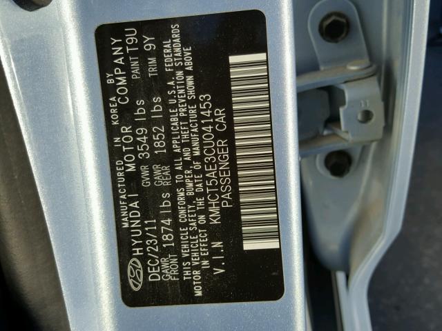 KMHCT5AE3CU041453 - 2012 HYUNDAI ACCENT GLS SILVER photo 10