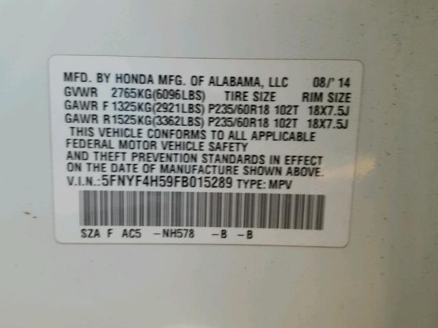 5FNYF4H59FB015289 - 2015 HONDA PILOT EXL WHITE photo 10