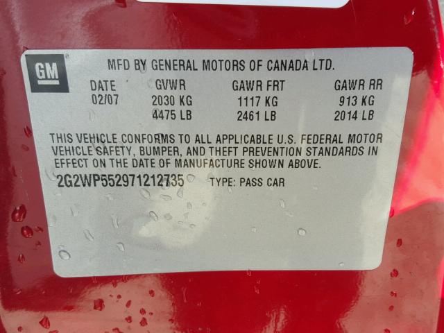 2G2WP552971212735 - 2007 PONTIAC GRAND PRIX წითელი ფოტო 10