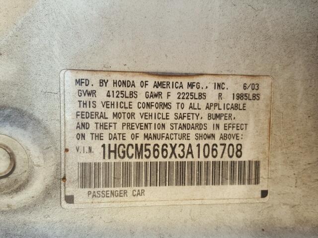 1HGCM566X3A106708 - 2003 HONDA ACCORD EX WHITE photo 10