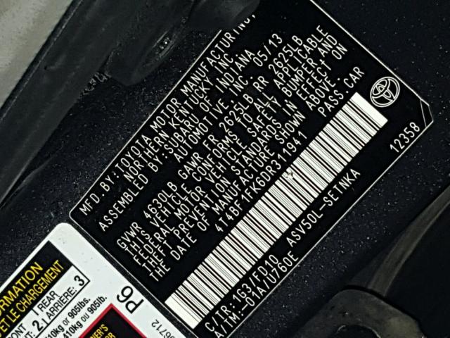 4T4BF1FK6DR311941 - 2013 TOYOTA CAMRY L 灰色 照片 10