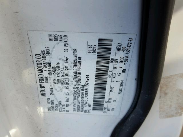 1FMEU73E86UB74244 - 2006 FORD EXPLORER X WHITE photo 10