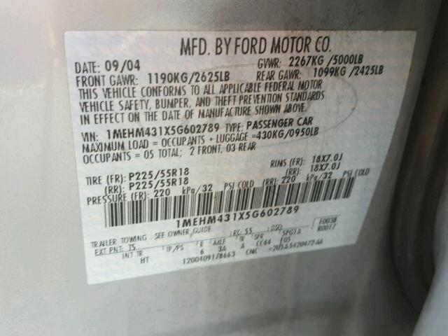 1MEHM431X5G602789 - 2005 MERCURY MONTEGO PR 银色 照片 10