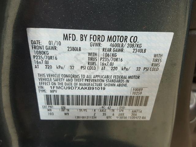 1FMCU9D7XAKB91019 - 2010 FORD ESCAPE XLT BLUE photo 10