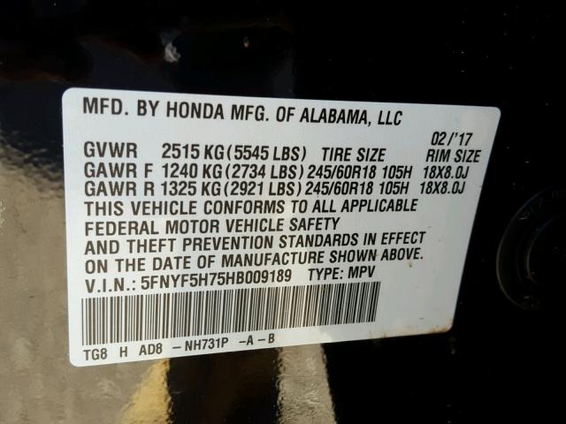 5FNYF5H75HB009189 - 2017 HONDA PILOT EXLN BLACK photo 10