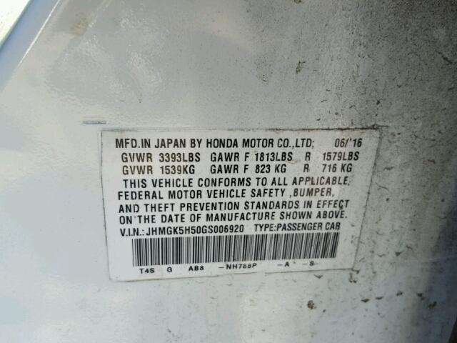 JHMGK5H50GS006920 - 2016 HONDA FIT LX أبيض صورة 10