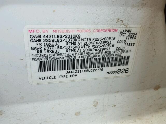 JA4LZ31F85U022779 - 2005 MITSUBISHI OUTLANDER WHITE photo 10