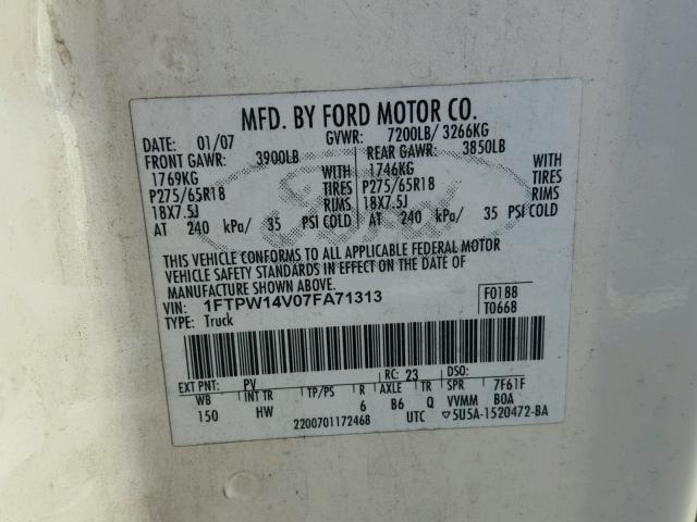 1FTPW14V07FA71313 - 2007 FORD F150 SUPER WHITE photo 10